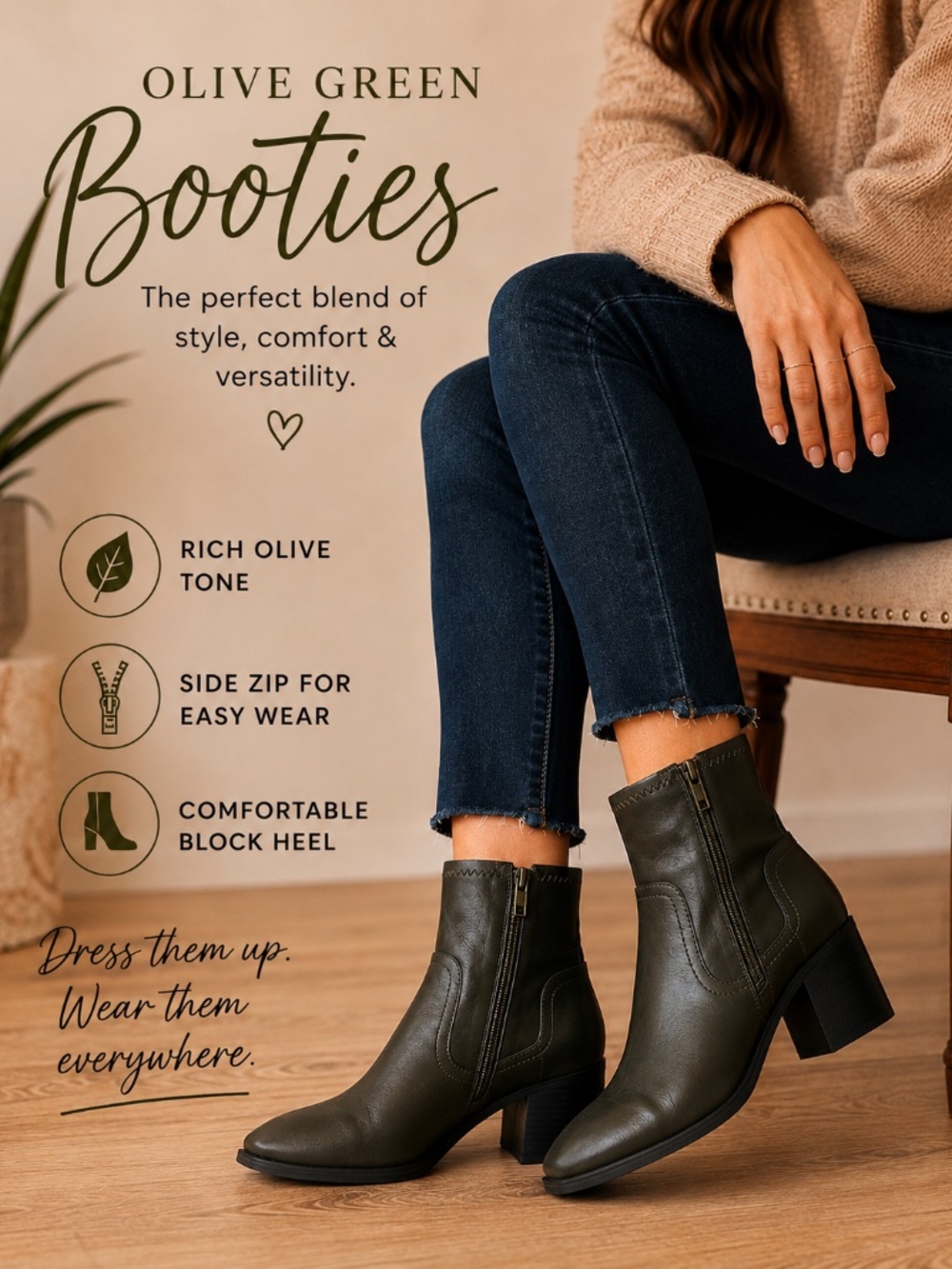 Topshop Olive Green Square-Sole Block Heel Booties – Size 9